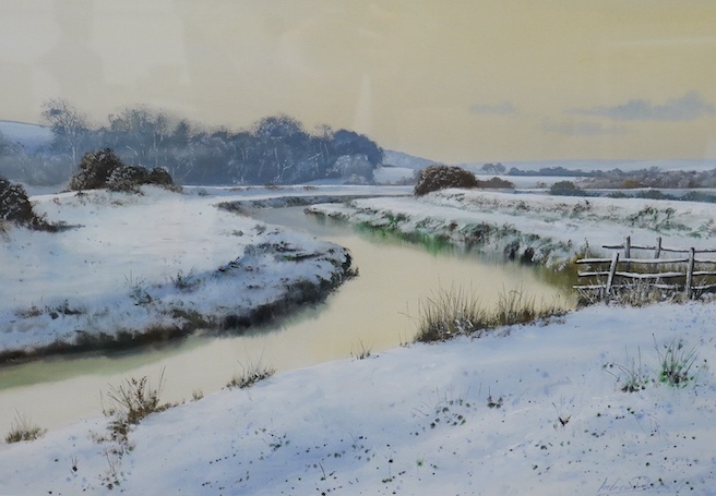 Andrew Dandridge (b.1953), gouache on paper, ‘Cuckmere Winter’, signed, 39 x 57cm. Condition - good